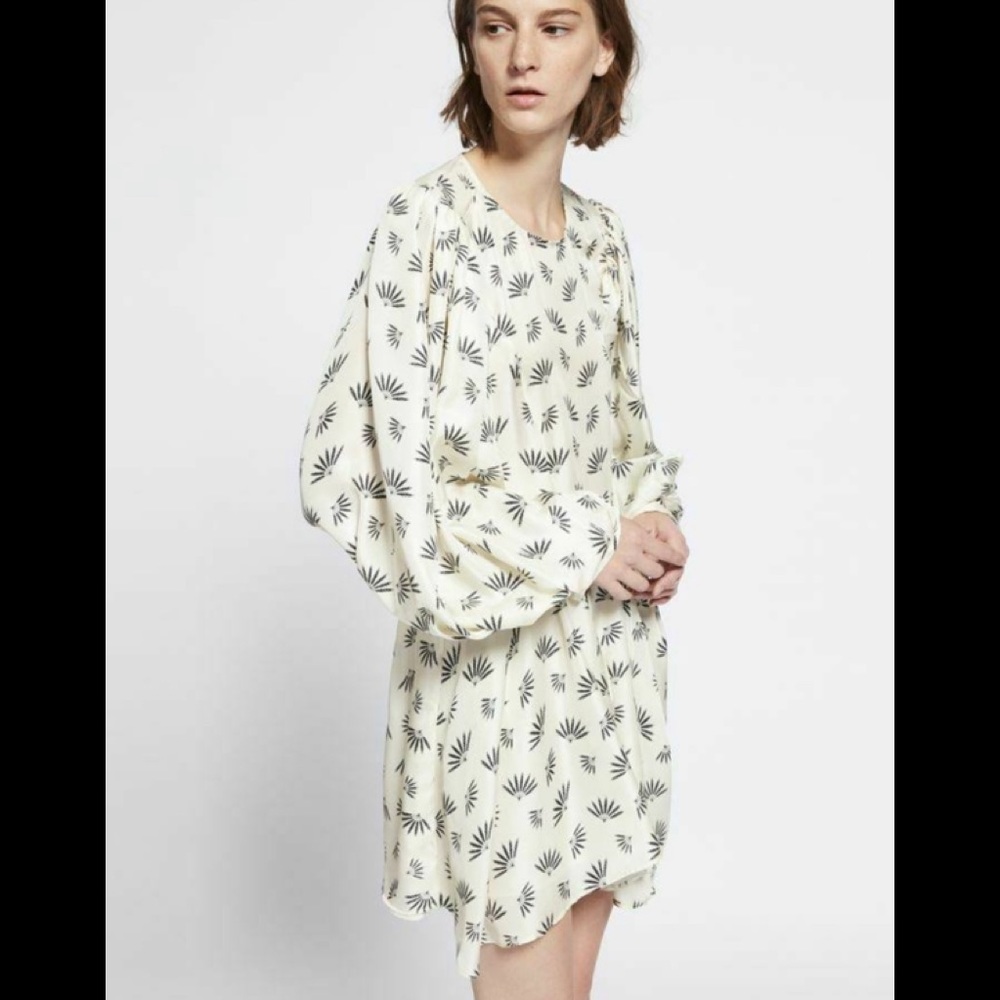 Isabel Marant Ivory White Black Fan Print Reone Silk Puff Sleeve Dress